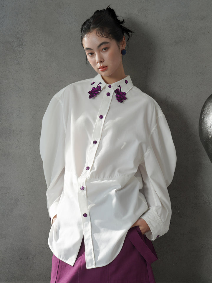 Vintage Grape Purple Embroidered Shirt | Contrast White Lapel Blouse