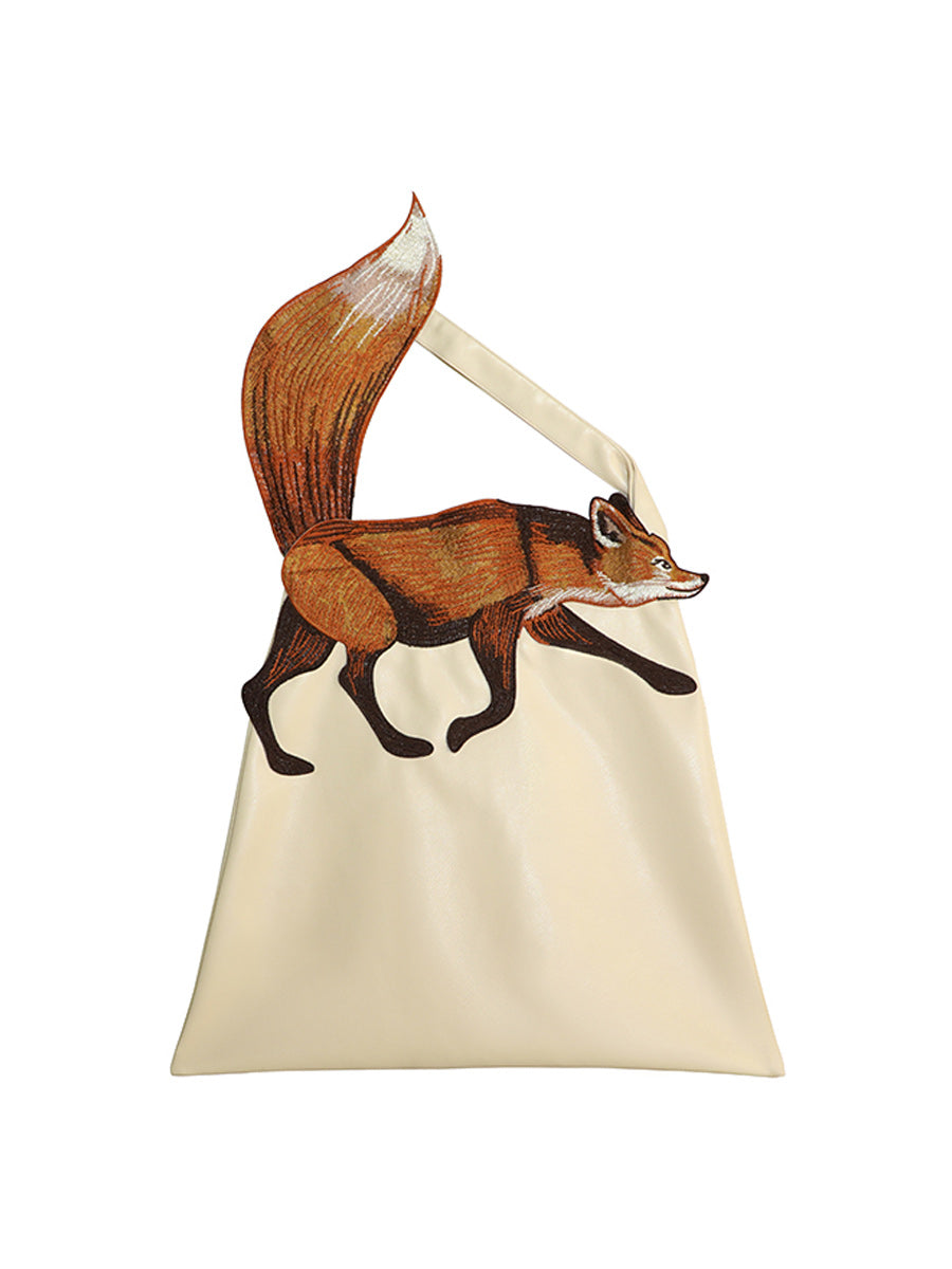 Original Design Fun Leaping Fox Shoulder Bag CAMOOONI Large Capacity Embroidered PU Handheld Canvas Bag for Women