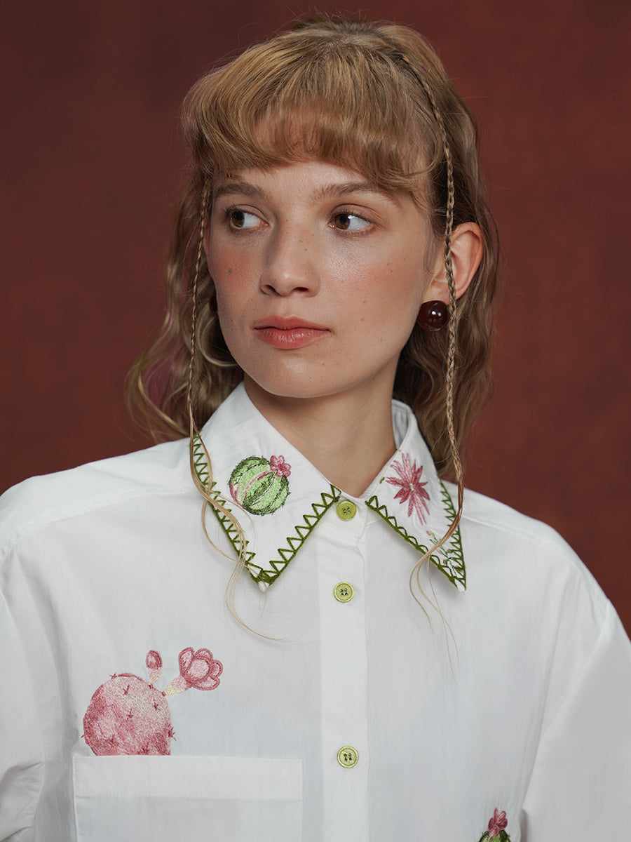 Original design, niche retro shirt, heavy embroidery long sleeved women's Cuban collar loose top