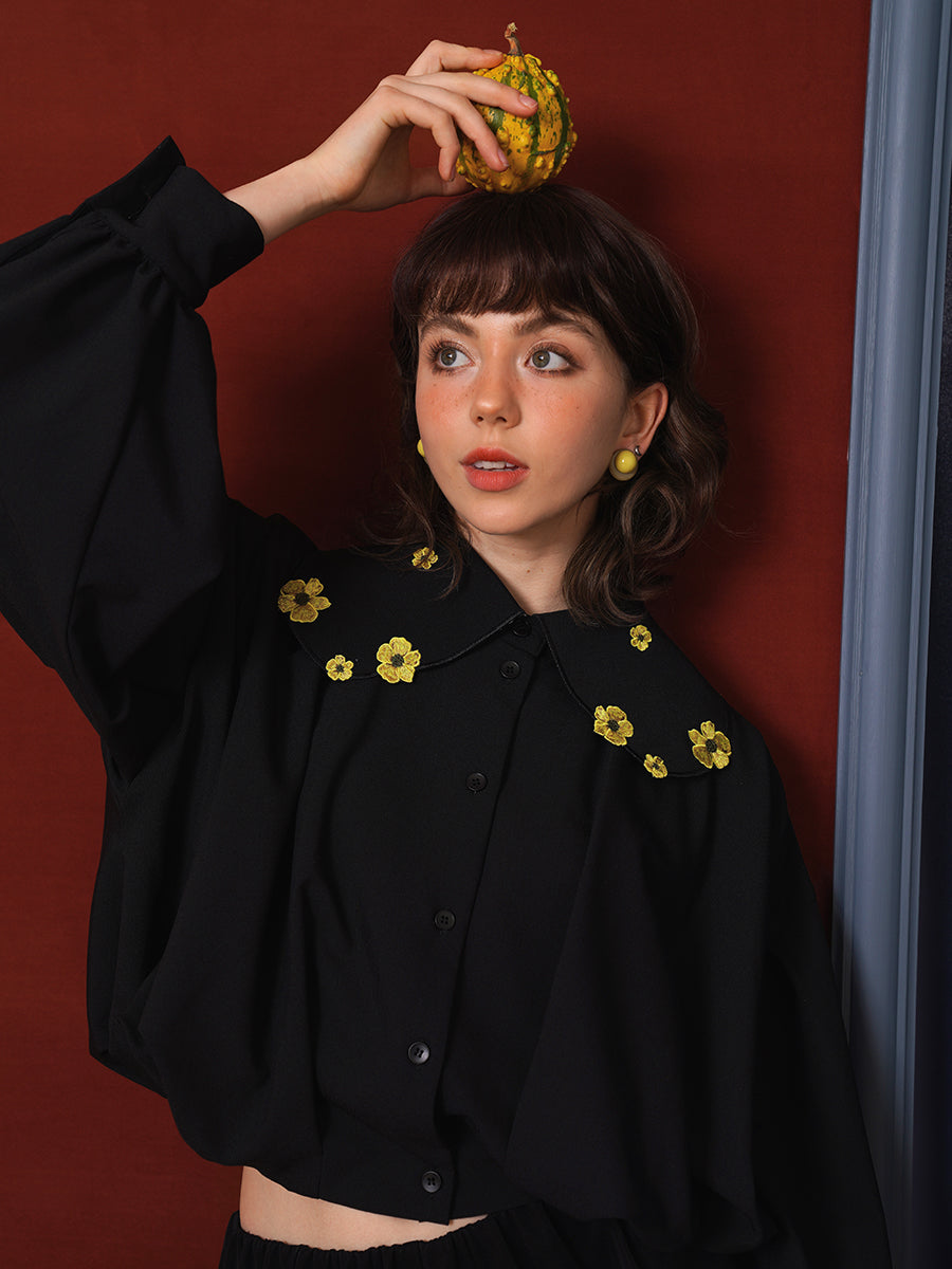 Retro plant embroidery collar shirt, squirrel and flower, niche designer top, off shoulder long sleeved jacket