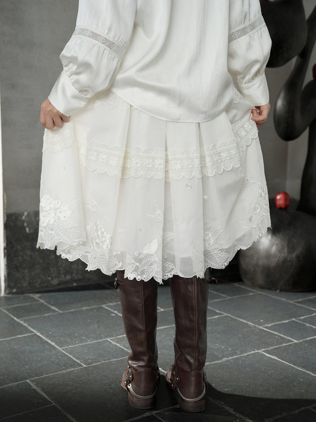 French Pearl White 3D Floral Embroidery Midi Skirt | Textured Flare Design