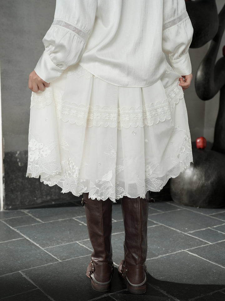 French Pearl White 3D Floral Embroidery Midi Skirt | Textured Flare Design