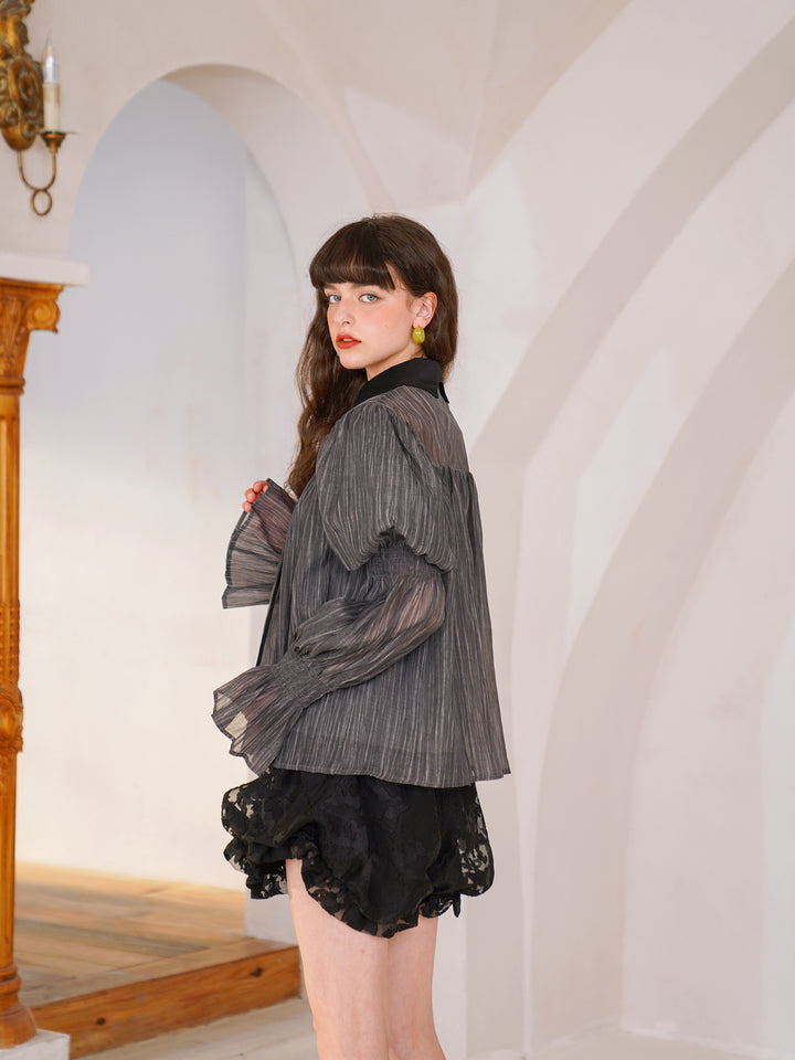 Noir Elegance  Designer Shirt - Niche Classic Black Bubble Sleeve Blouse
