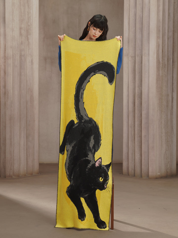 Midnight Feline  Chunky Shawl - Original Wool Blend Black Cat Knitted Scarf