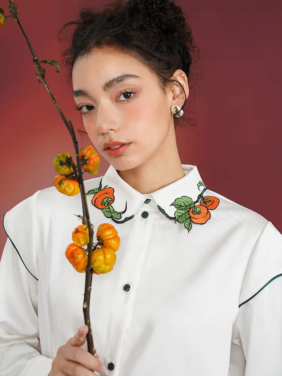 Original Chinese style persimmon embroidery shirt, retro niche cream white high-end top, 2024 spring new item for women