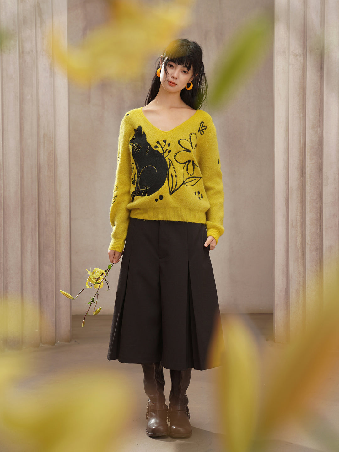 Vintage V-Neck Knitted Sweater – Black Cat Embroidery, Rabbit Hair Blend