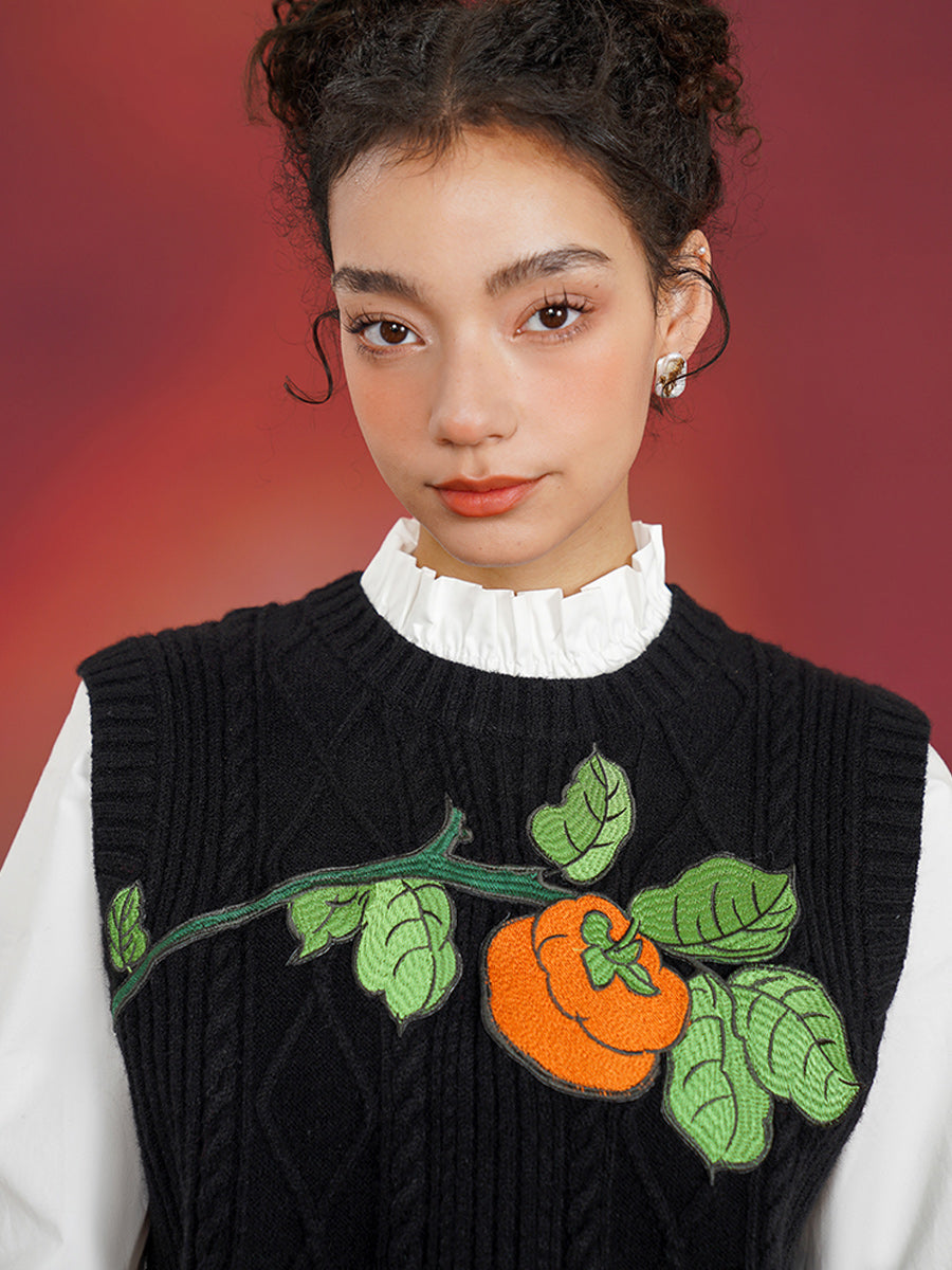 Original Chinese style embroidered vest, persimmon vest, sleeveless round neck, new Chinese retro style outerwear, layered sweater