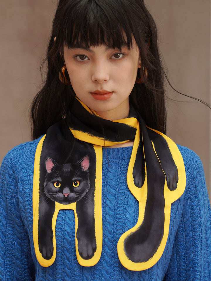 Original Little Black Cat Printed Silk Scarf Smooth Skin friendly Women's Accessories Scarf Personalized Neck Protection Bright Yellow Scarf