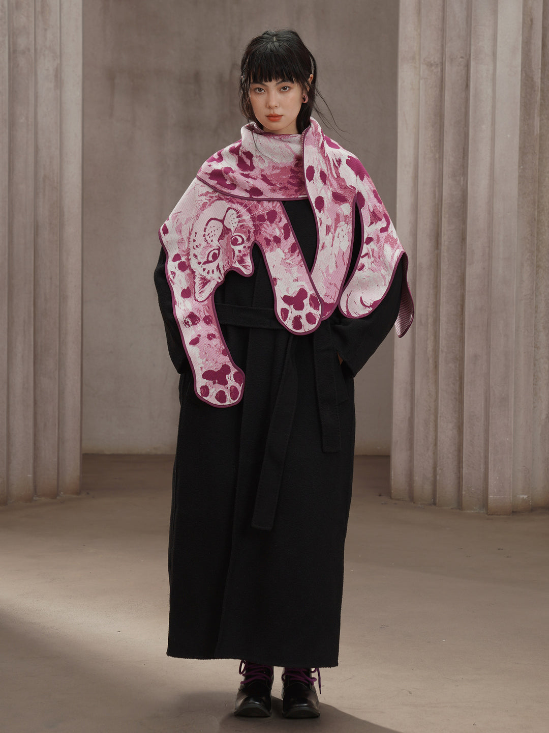 Pink Panther Blended Wool Big Shawl - Retro Knitted Animal Cape Scarf