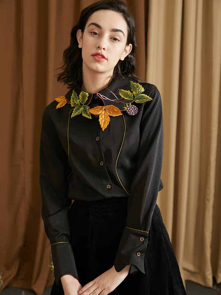 Original New Golden Leaf Embroidered Collar Bat Long Sleeve Retro French Shirt for Women Autumn and Winter