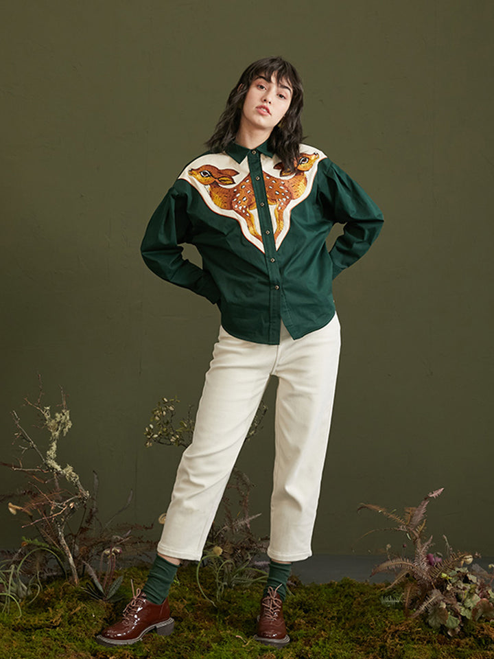 Forest Deer  Thick Cotton Shirt -  Heavyweight Embroidered Contrasting Top