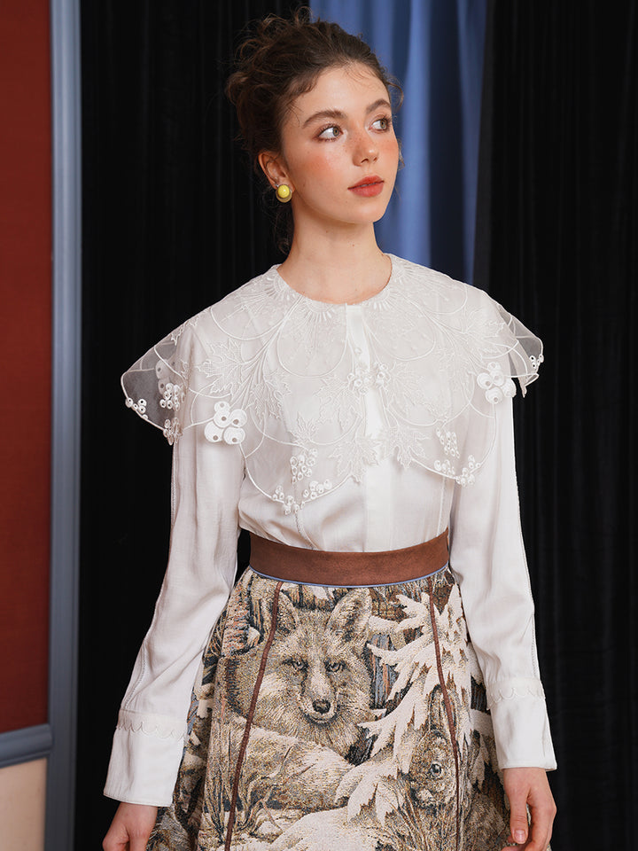 Original Vine Lace Heavy Embroidery Big Collar White Shirt French Retro Age Reducing Sweet Girl's Top