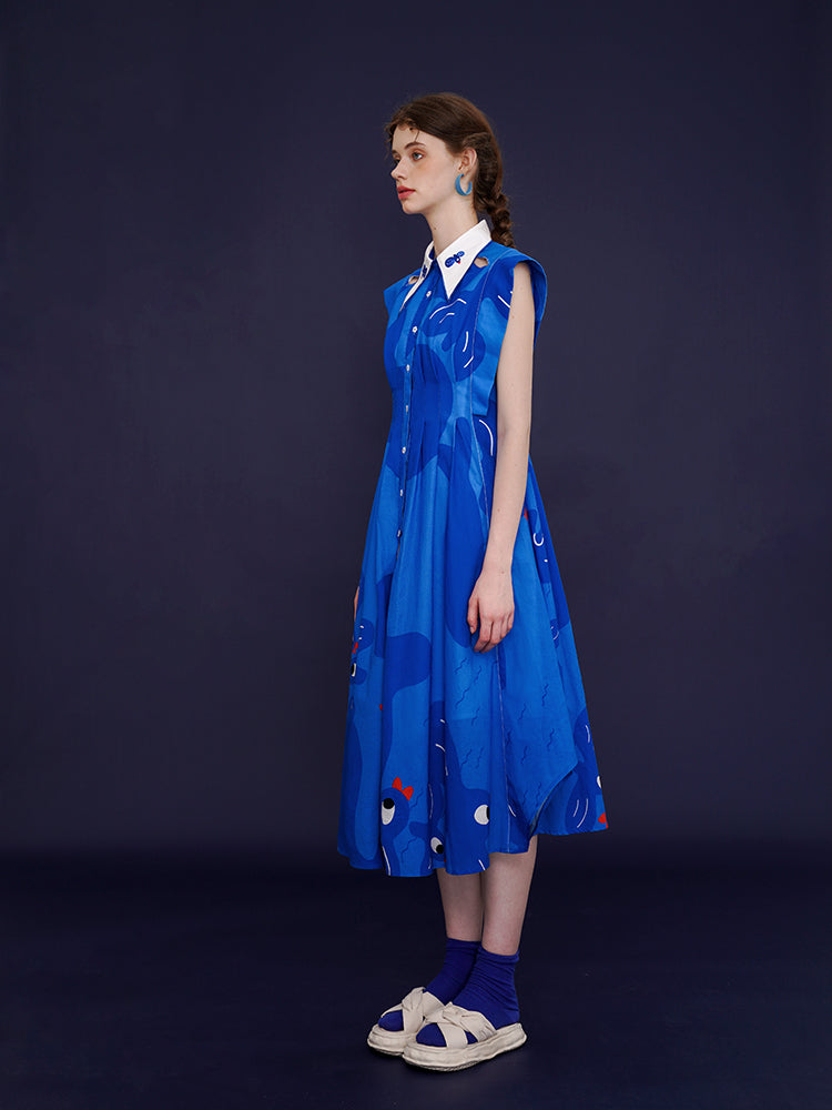 Blue Aviary French Retro Dress - Bird Graffiti Print Sleeveless Slimming Maxi