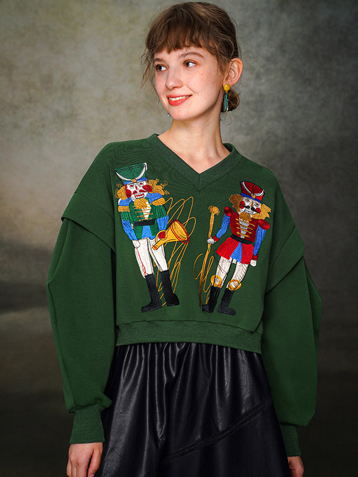 Nutcracker Embroidered Wide V-neck Hoodie with Spliced Sleeves