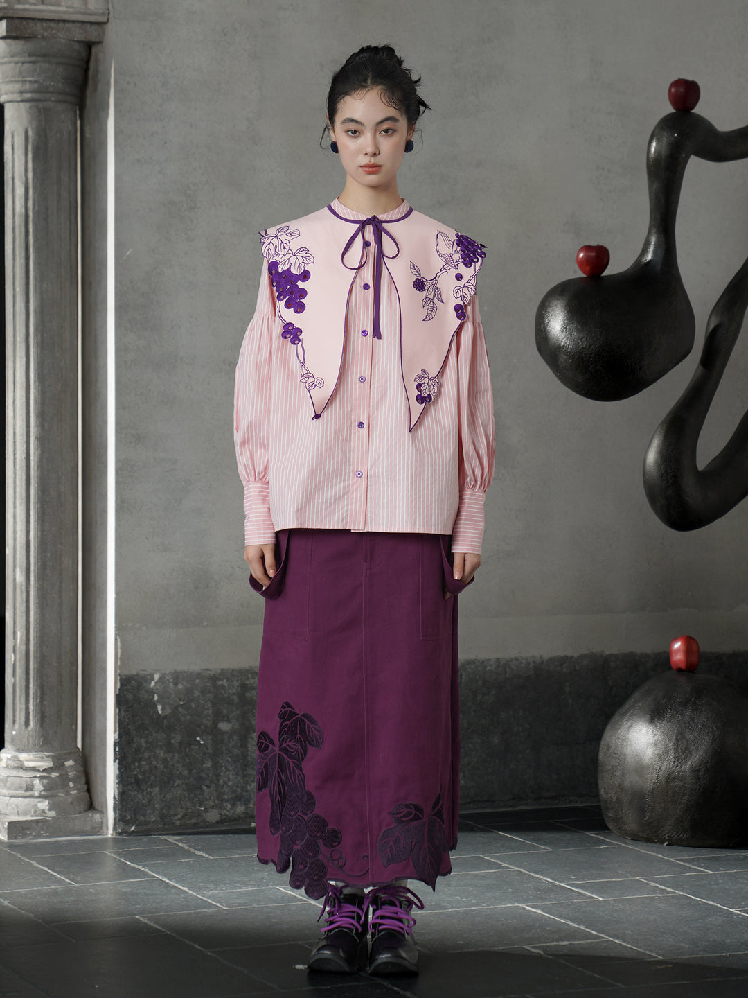 Rose Pink Vine Embroidered Shirt | French Vintage Layered Collar Top