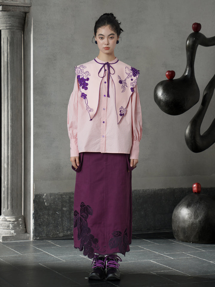 Rose Pink Vine Embroidered Shirt | French Vintage Layered Collar Top