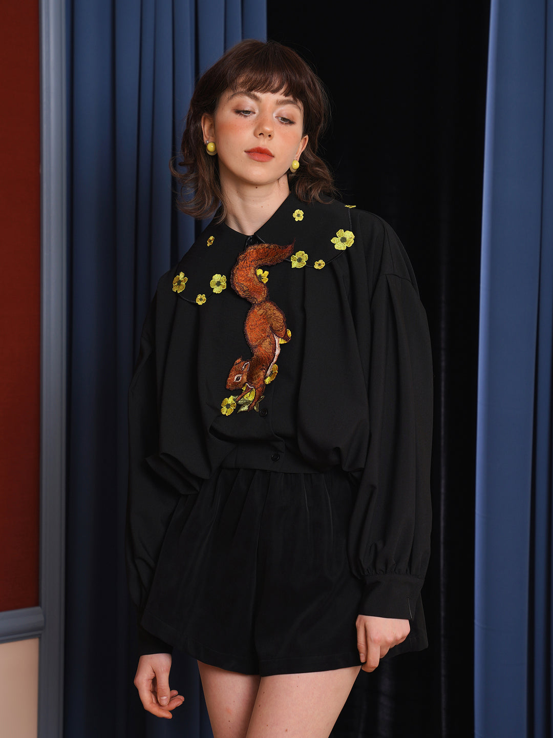 Forest Whisper Embroidered Jacket - Retro Squirrel & Flower Off-Shoulder Niche Top