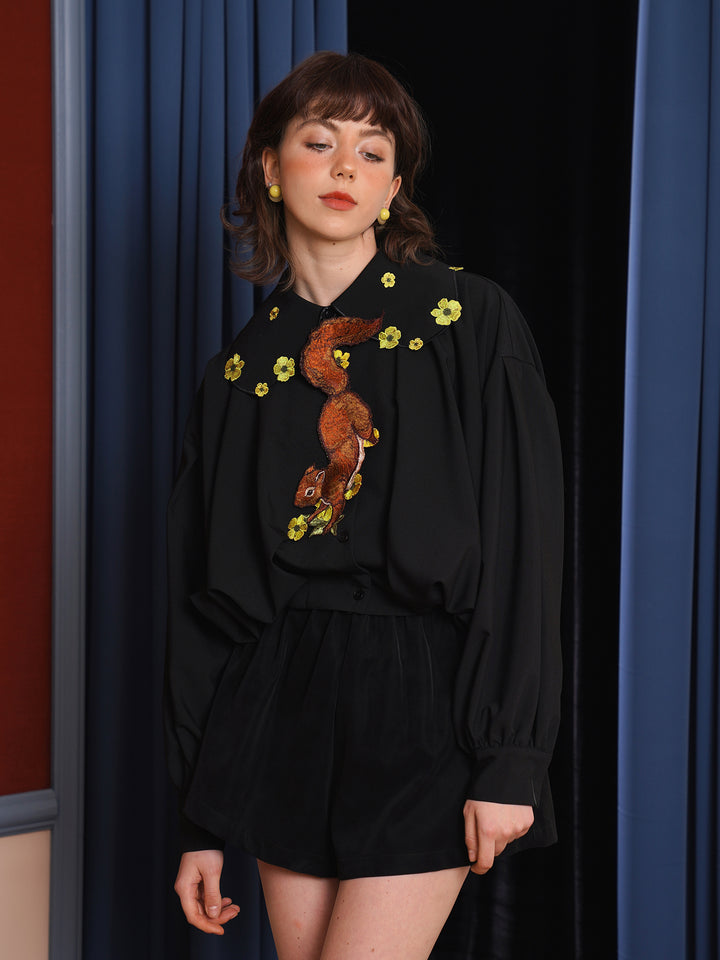 Forest Whisper Embroidered Jacket - Retro Squirrel & Flower Off-Shoulder Niche Top