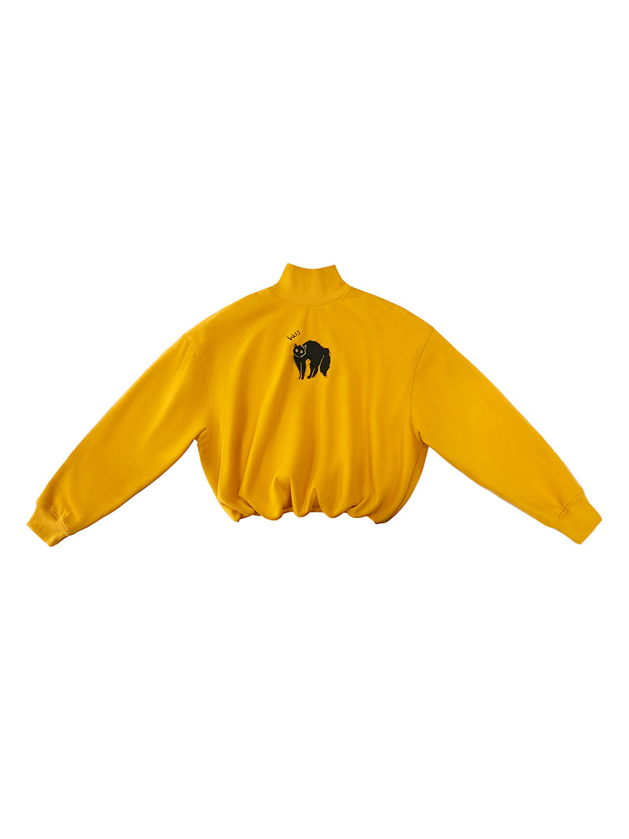 Sun Yellow Embroidered Black Cat Sweatshirt - Retro Streetwear Pullover with Half High Neck, Cute Embroidery Graphic Sweatshirt for Women