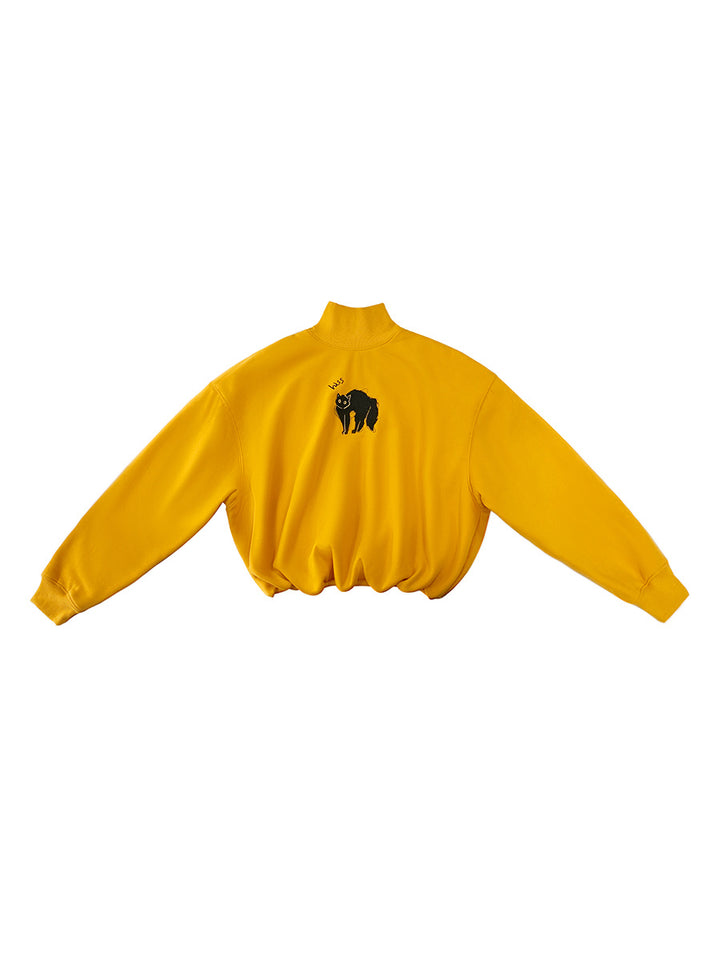 Sun Yellow Embroidered Black Cat Sweatshirt - Retro Streetwear Pullover with Half High Neck, Cute Embroidery Graphic Sweatshirt for Women