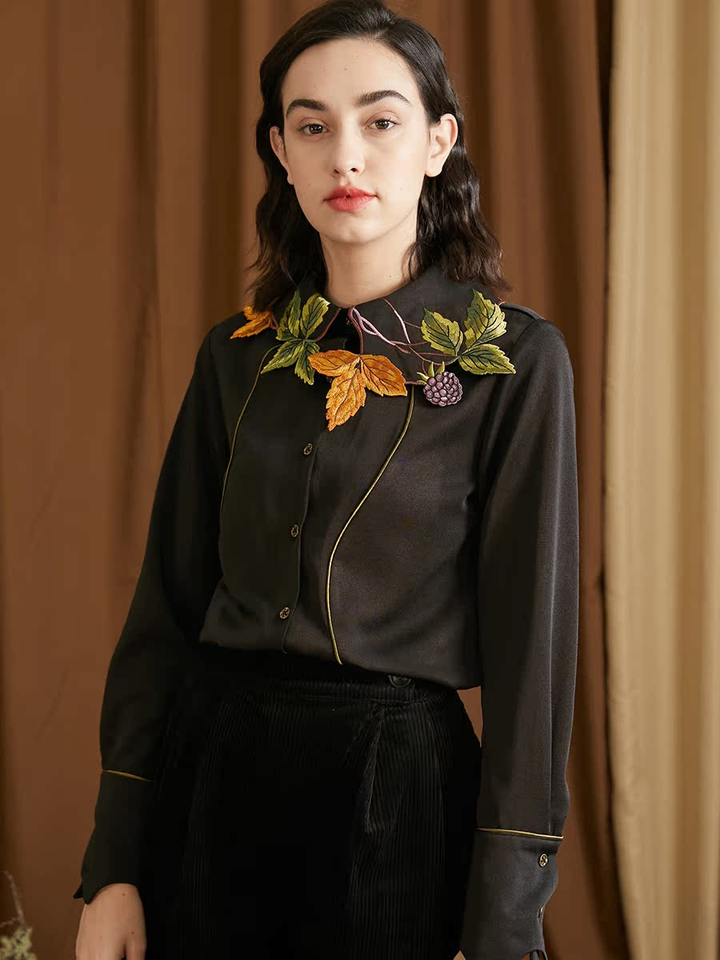 Original New Golden Leaf Embroidered Collar Bat Long Sleeve Retro French Shirt for Women Autumn and Winter