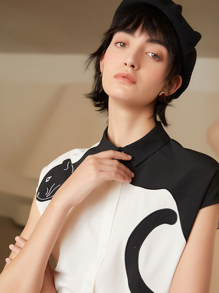 Urban Feline Leopard Shirt - Original Art Style Color Contrast Slimming Short Sleeve Blouse