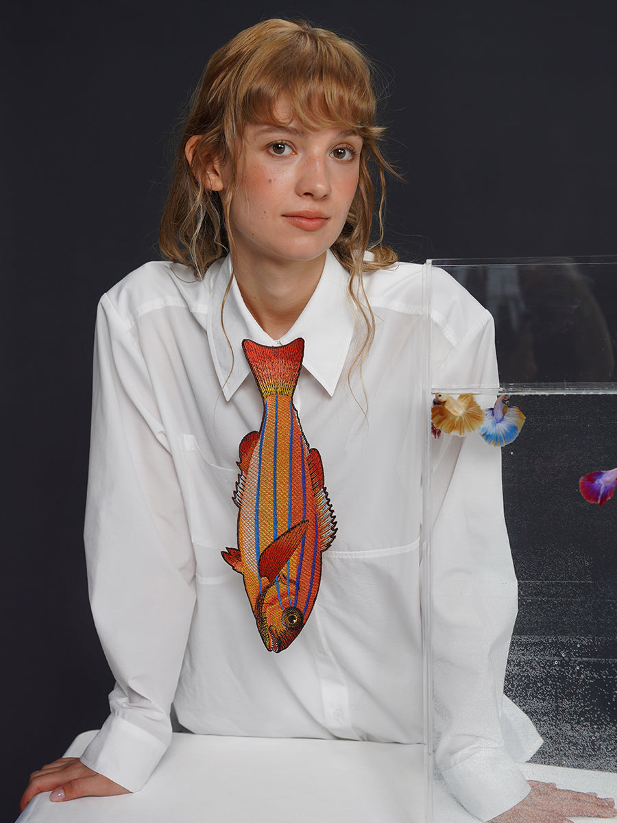 Original design: Embroidered fish series tie, retro and niche design, tie, women's personalized accessory