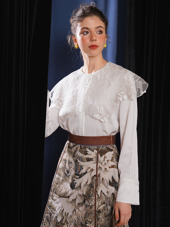 Original Vine Lace Heavy Embroidery Big Collar White Shirt French Retro Age Reducing Sweet Girl's Top