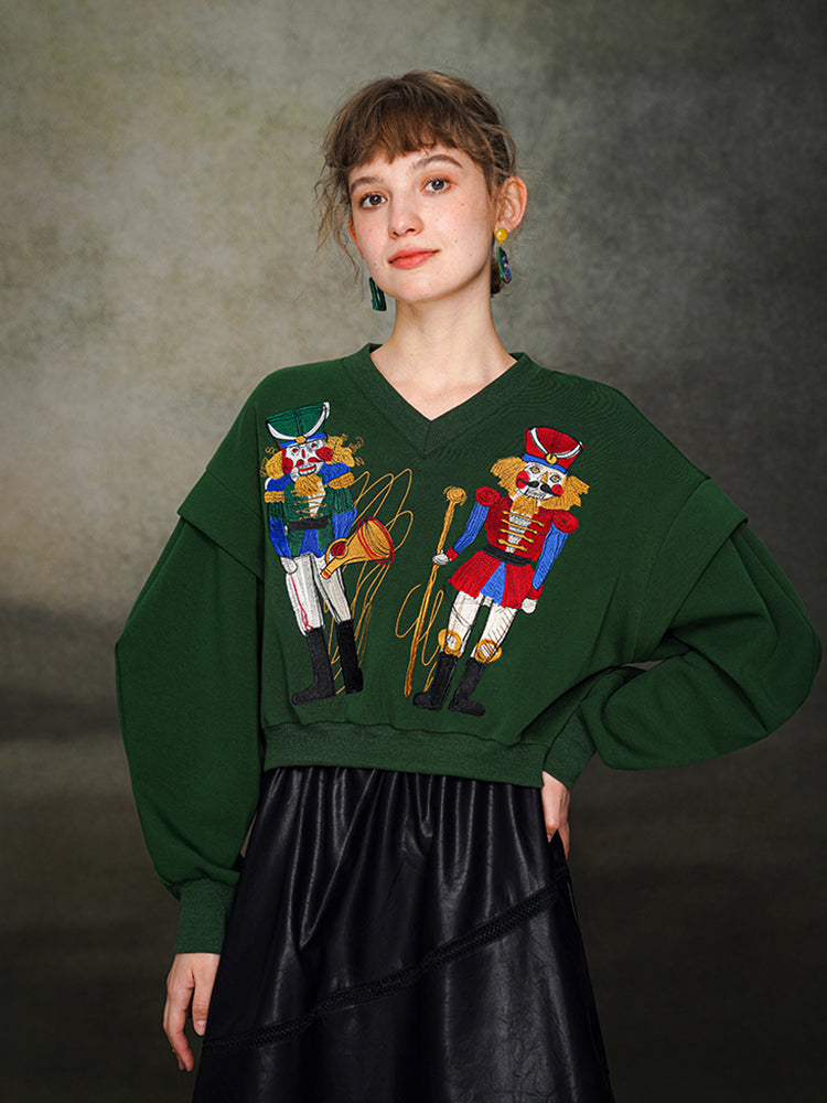 Nutcracker Embroidered Wide V-neck Hoodie with Spliced Sleeves