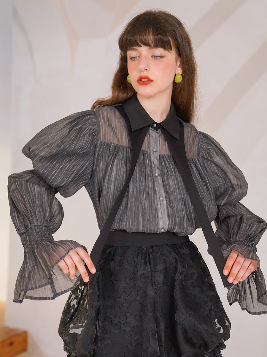 Original design collar shirt niche elegant black classic bubble sleeve spring/summer new long sleeved shirt for women