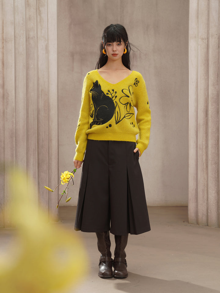 Vintage V-Neck Knitted Sweater – Black Cat Embroidery, Rabbit Hair Blend