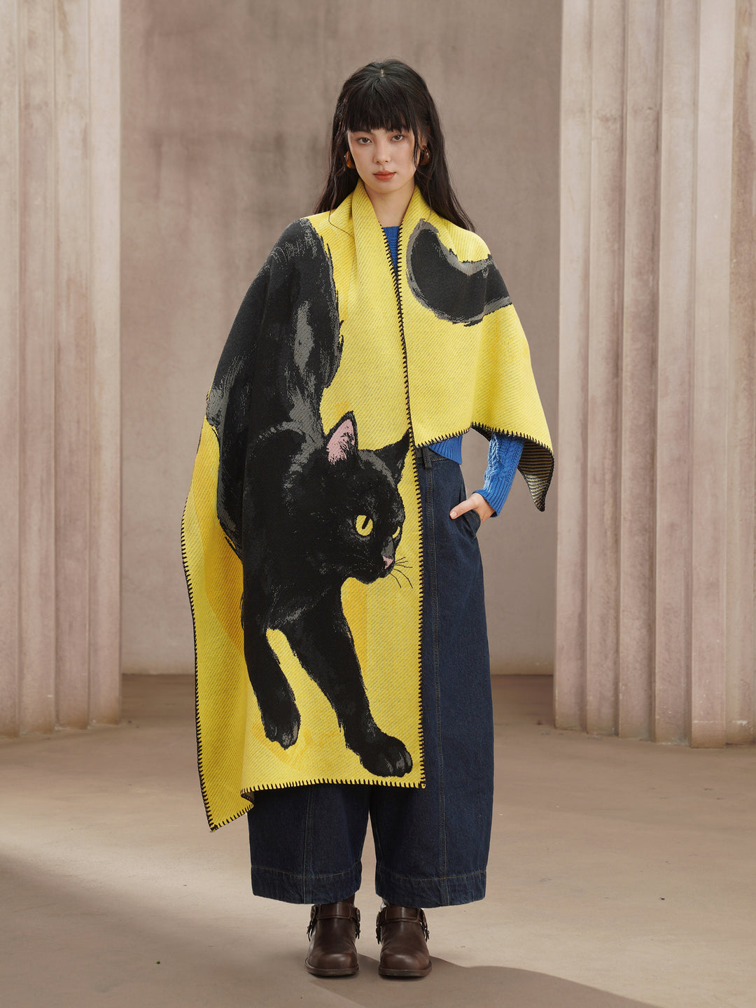 Midnight Feline  Chunky Shawl - Original Wool Blend Black Cat Knitted Scarf