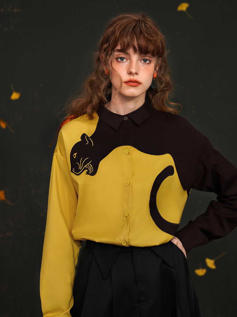 Original sleeved contrasting leopard shirt with artistic style retro spring top for women