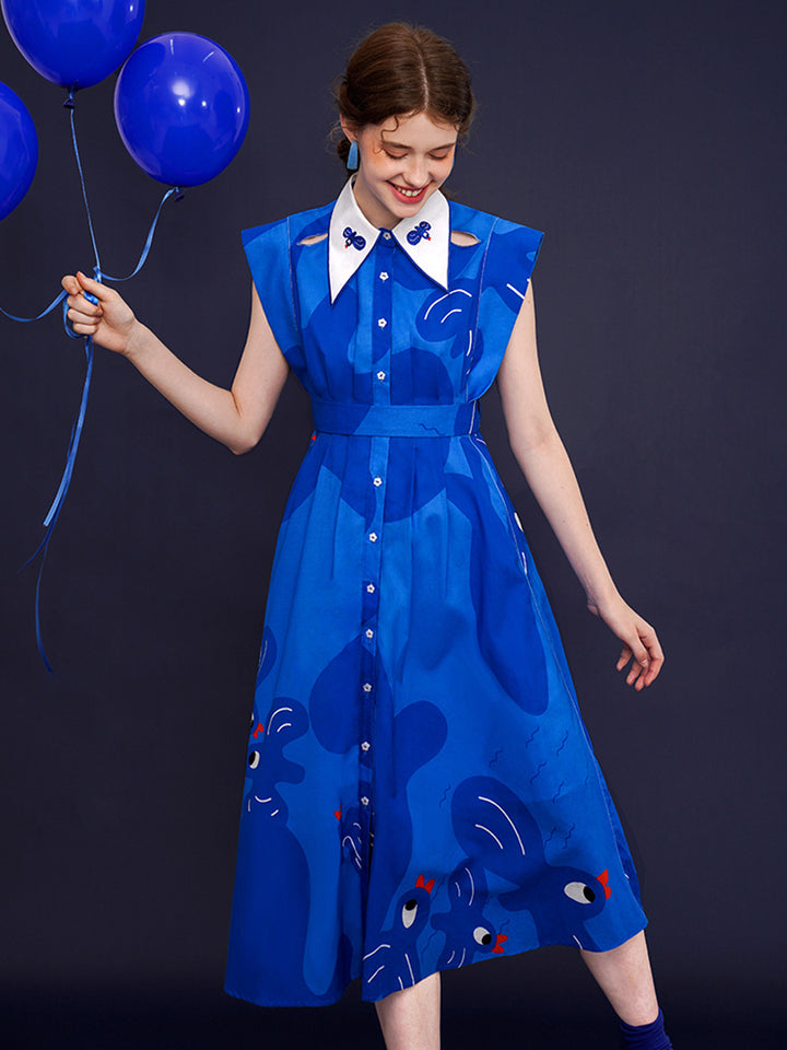 Original French Retro Bird Graffiti Printed Sleeveless Dress, Women's Blue Long Dress, Stylish and Slimming Skirt