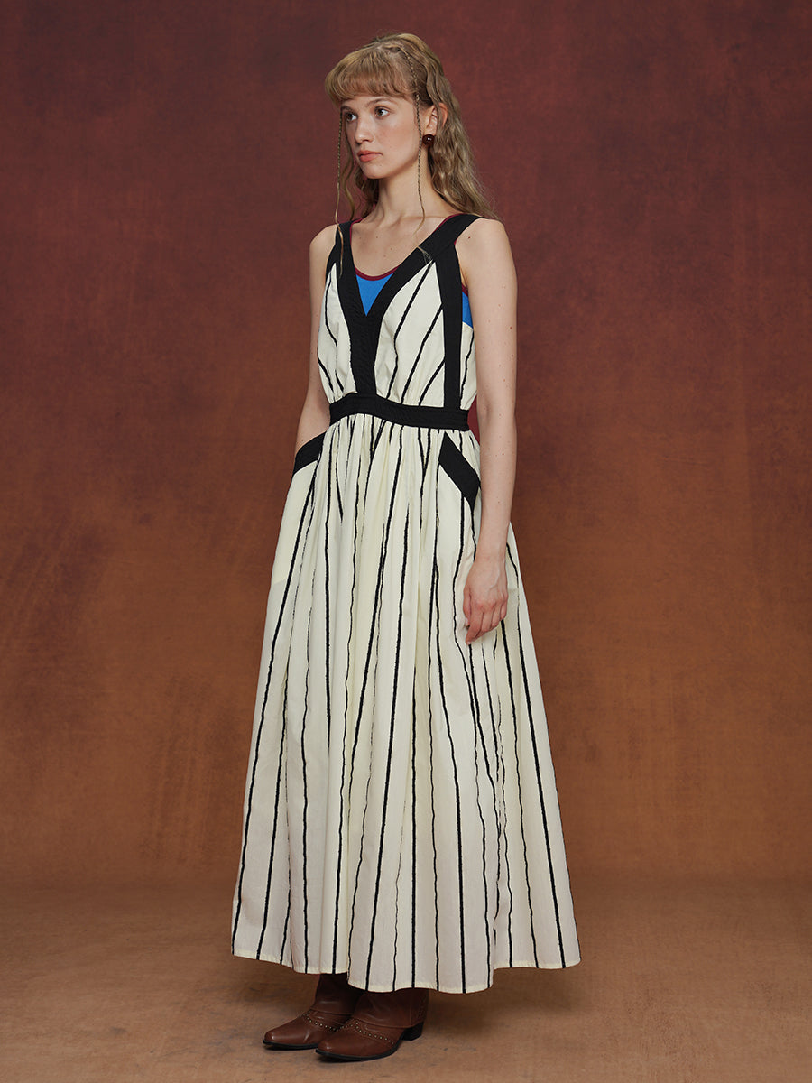 Original dress dress with camisole, retro striped dress, summer layered long dress, V-neck design feeling dress