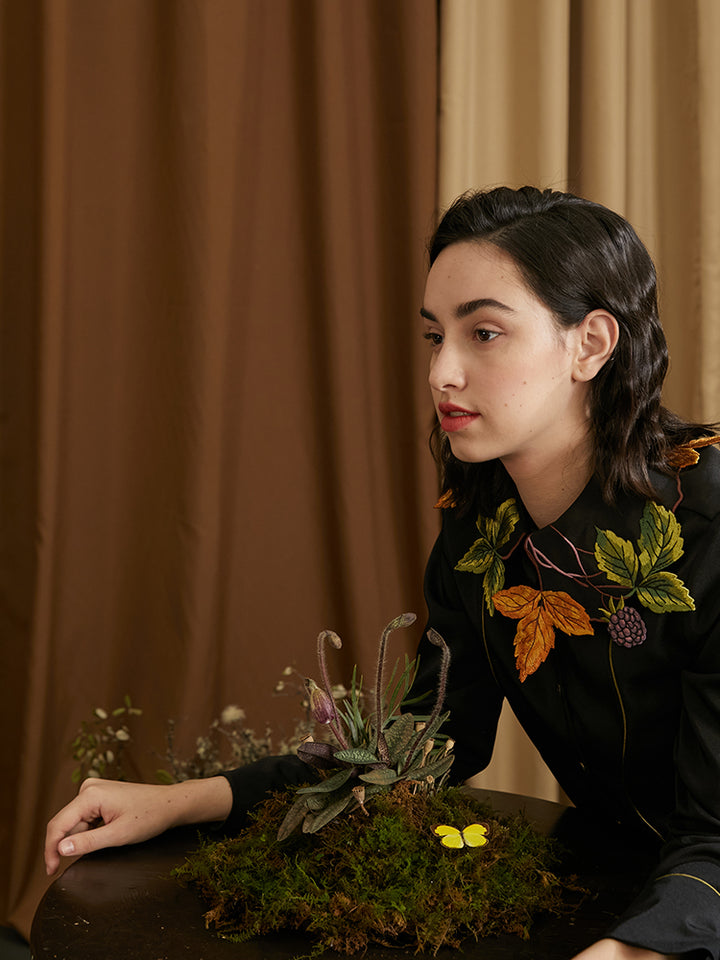 Leaf French Shirt - Original Embroidered Collar Retro Batwing Sleeve Top