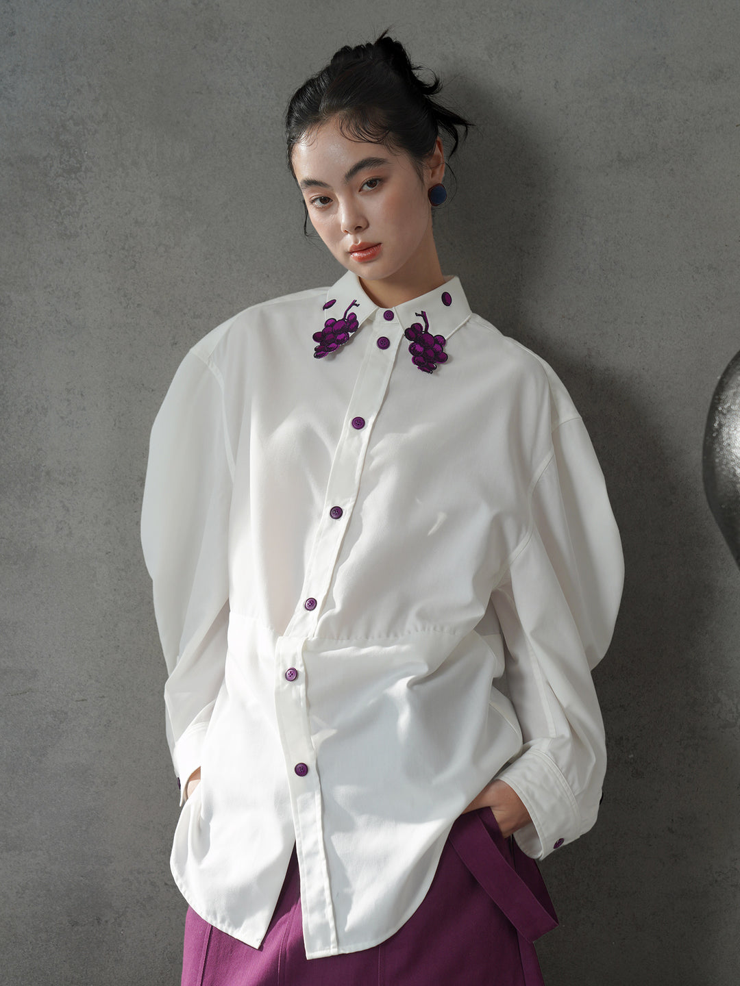 Vintage Grape Purple Embroidered Shirt | Contrast White Lapel Blouse