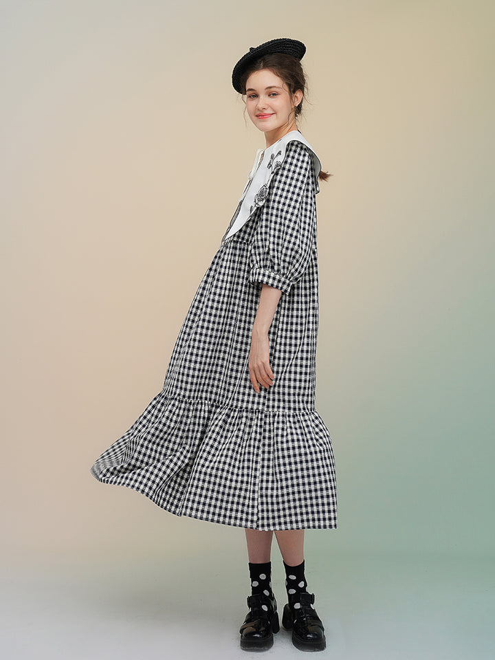 Original Embroidered Rose French Retro Long Sleeve Dress with Classic Black and White Grid Medium length Dress for Women