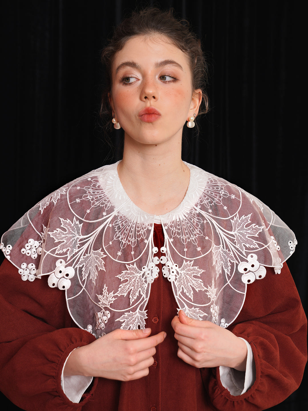 Vine Romance Lace Embroidered Blouse - French Retro Big Collar Sweet White Top