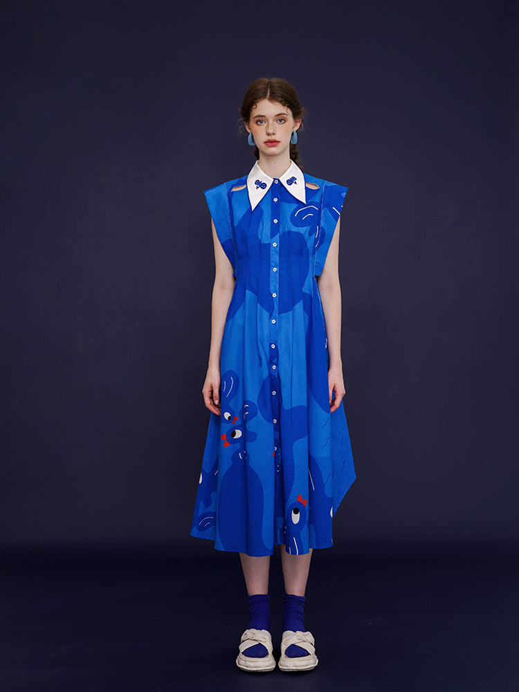 Blue Aviary French Retro Dress - Bird Graffiti Print Sleeveless Slimming Maxi