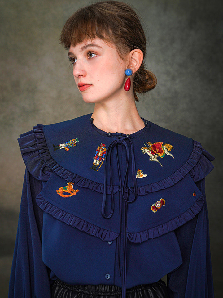 Nutcracker Embroidered Shirt with Detachable Shawl - French Retro