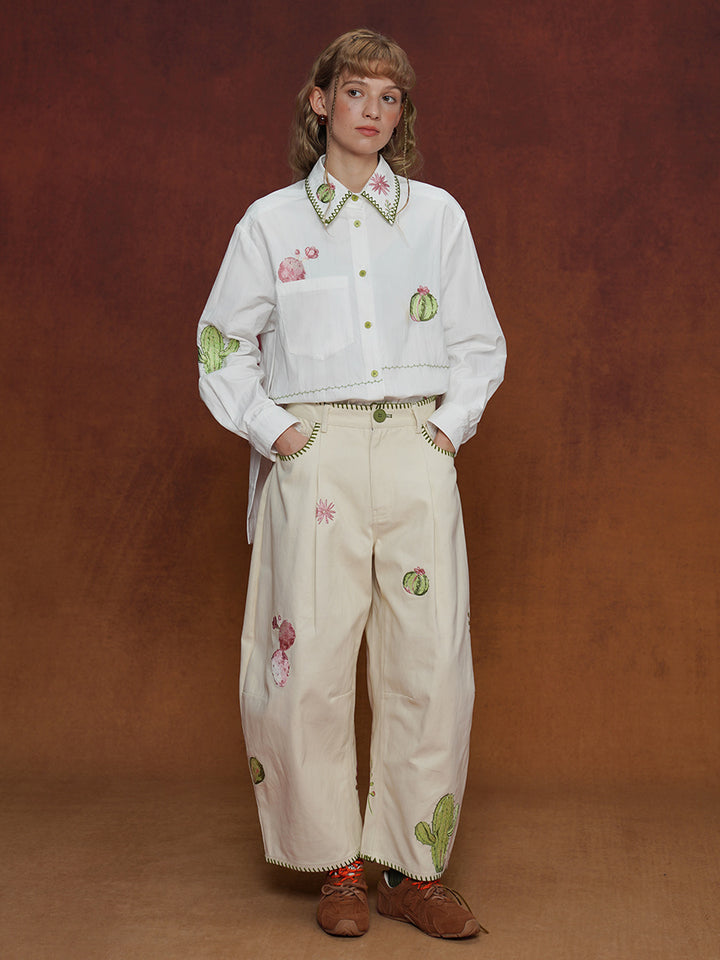 Original retro embroidered cactus casual pants for women, Cuban style high waisted straight leg wide leg pants, unisex style