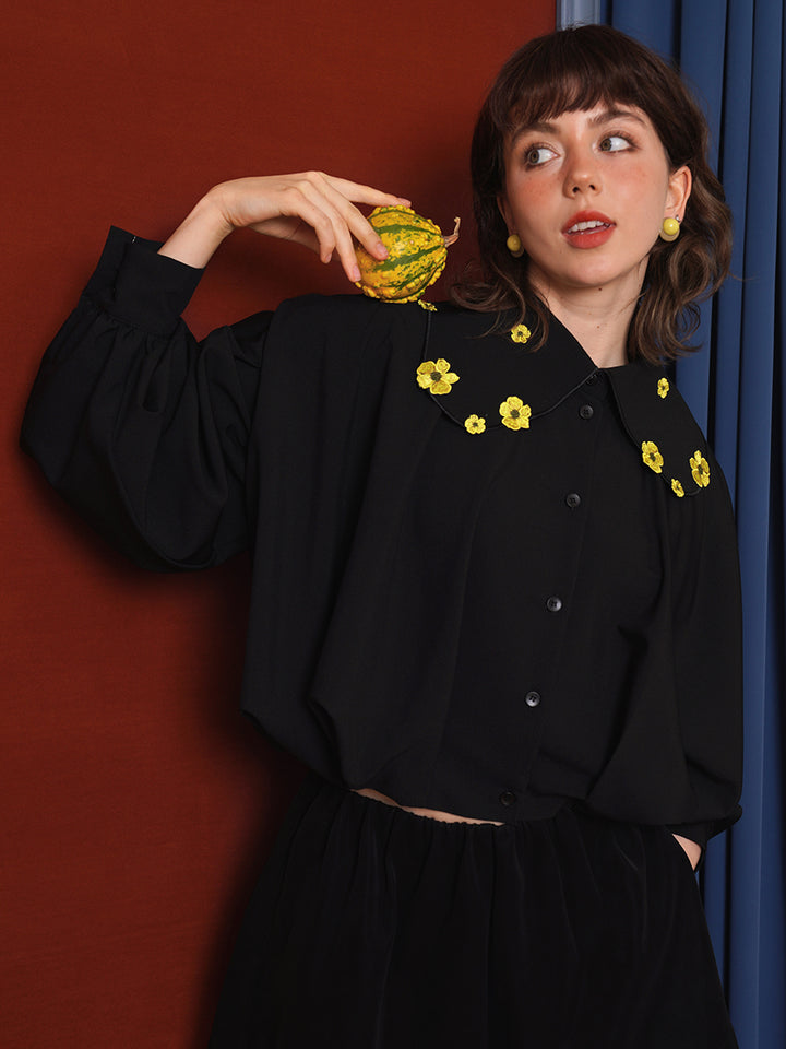 Retro plant embroidery collar shirt, squirrel and flower, niche designer top, off shoulder long sleeved jacket