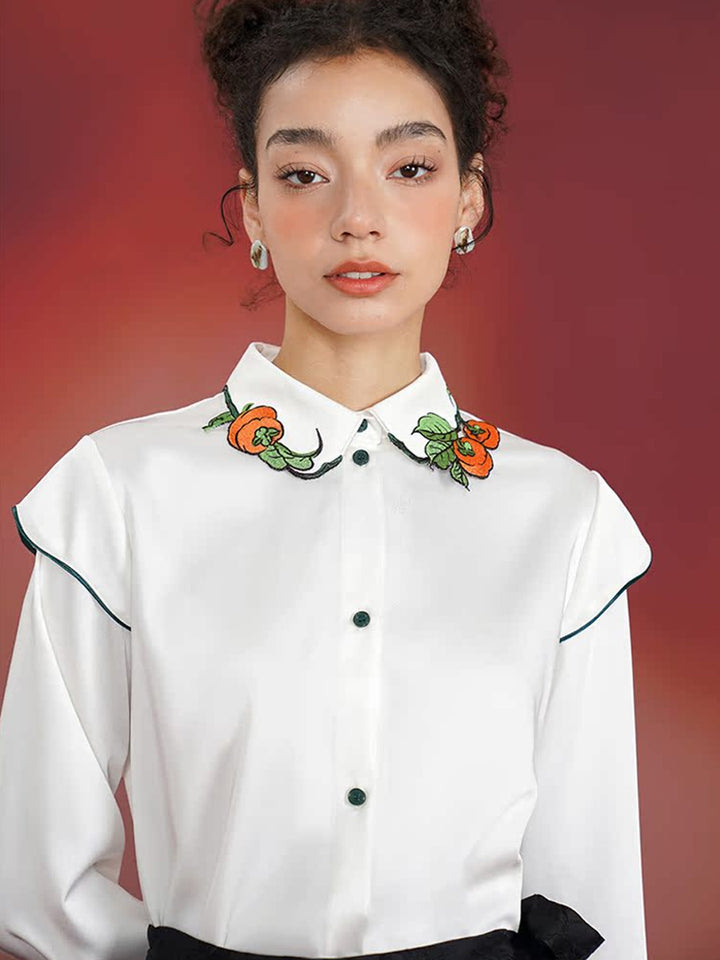 Original Chinese style persimmon embroidery shirt, retro niche cream white high-end top, 2024 spring new item for women