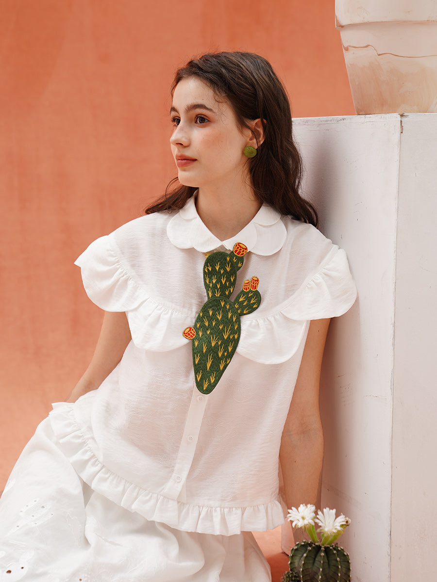 Desert Island Cactus Embroidery Tie, niche retro green knot free accessory gift, original by Kamo