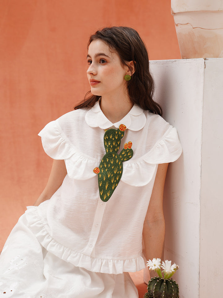 Desert Island Cactus Embroidery Tie, niche retro green knot free accessory gift, original by Kamo