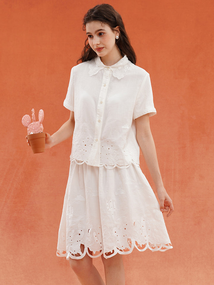 Original French Moonlight White Embroidered Texture Hollow Half Skirt Light Retro Romantic Vacation A-line Skirt