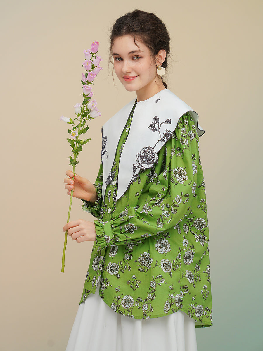 Original Green Rose French Retro Printed Shirt, Large Collar Top, Versatile Design, Women's Top
