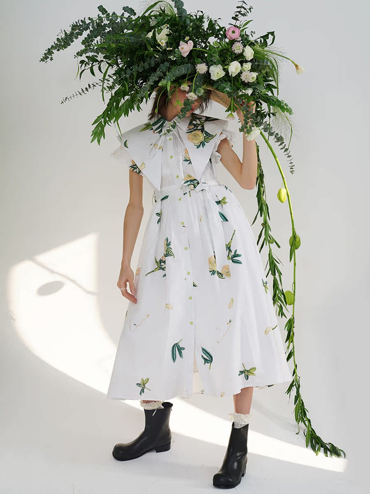 Original Early Spring French Romantic Plant Printed Tea Break Skirt for Palace Girls Retro Chic Dress for Women