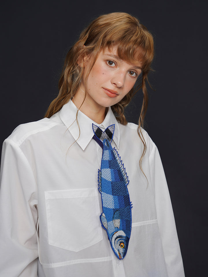 Original design: Embroidered fish series tie, retro and niche design, tie, women's personalized accessory